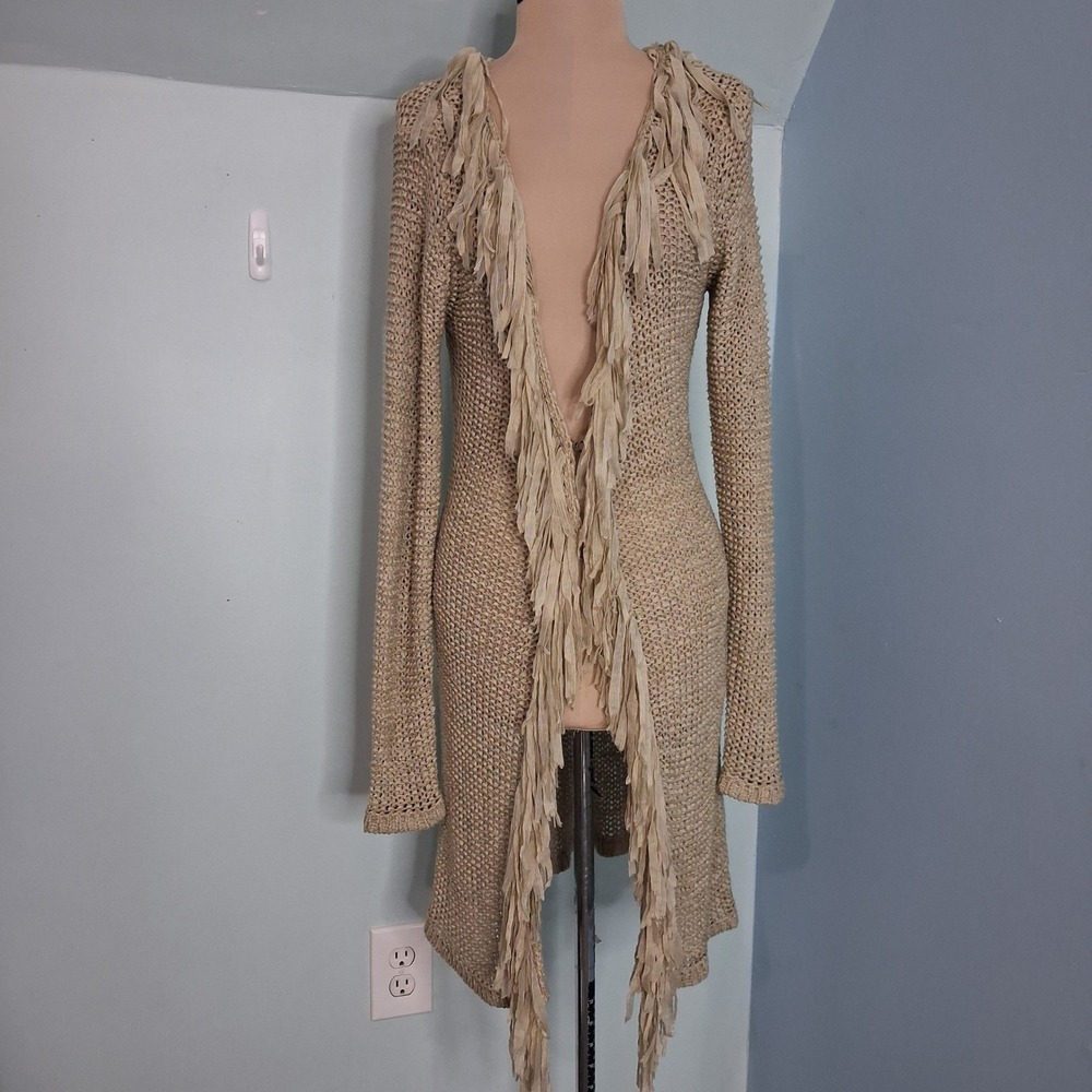 Sao Paulo Tan Beige Open‎ Knit Fringe Longline Cardigan Ribbon Trim Sweater
